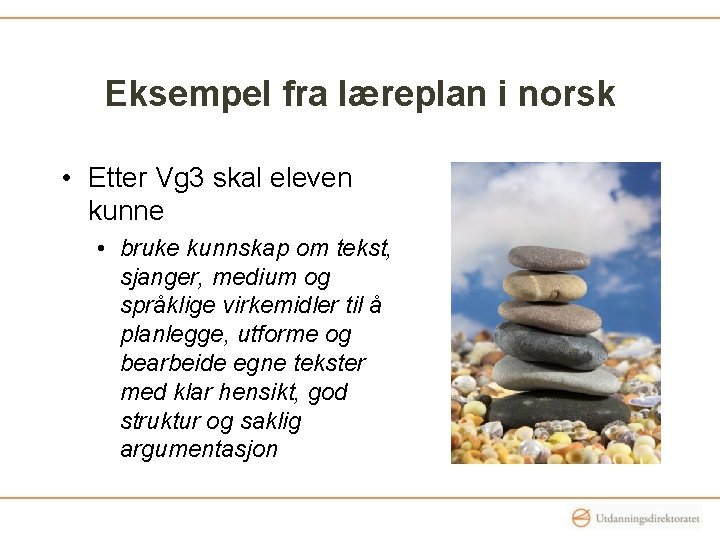 Eksempel fra læreplan i norsk • Etter Vg 3 skal eleven kunne • bruke Eksempel fra læreplan i norsk • Etter Vg 3 skal eleven kunne • bruke
