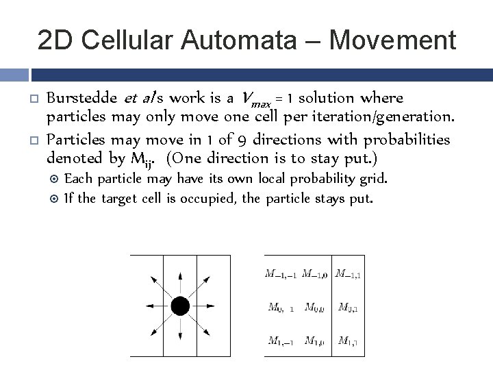 2 D Cellular Automata – Movement Burstedde et al’s work is a Vmax =