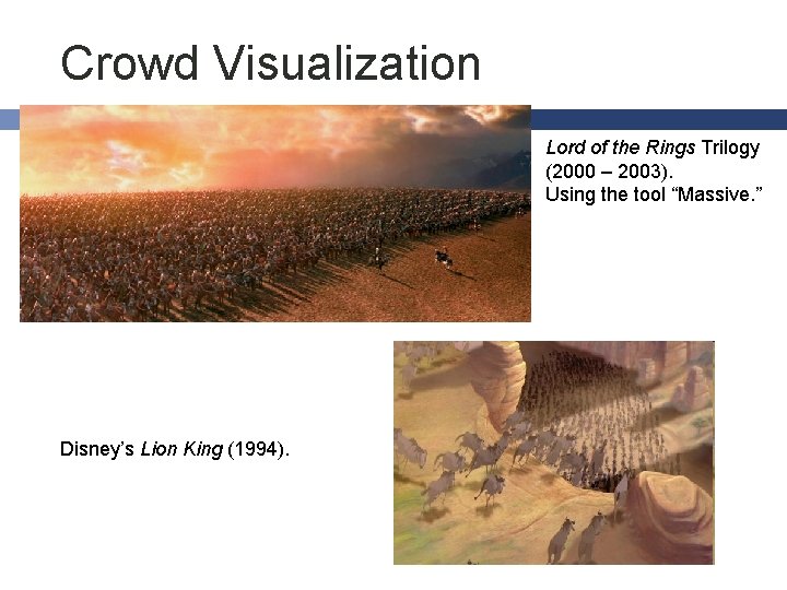 Crowd Visualization Lord of the Rings Trilogy (2000 – 2003). Using the tool “Massive.