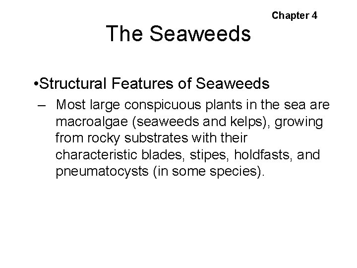 Chapter 4 The Seaweeds • Structural Features of Seaweeds – Most large conspicuous plants