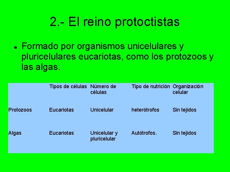 2. - El reino protoctistas Formado por organismos unicelulares y pluricelulares eucariotas, como los