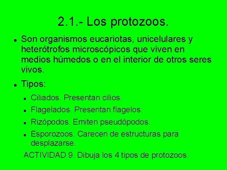 2. 1. - Los protozoos. Son organismos eucariotas, unicelulares y heterótrofos microscópicos que viven
