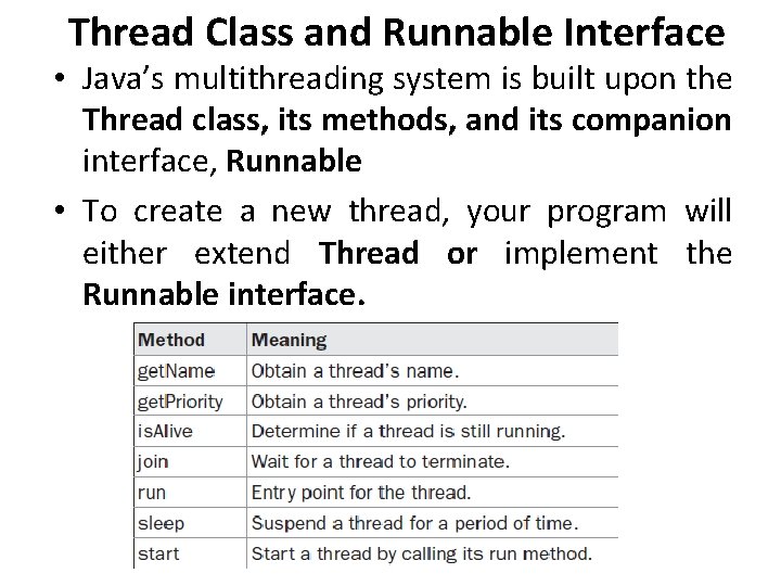 Thread Class and Runnable Interface • Java’s multithreading system is built upon the Thread