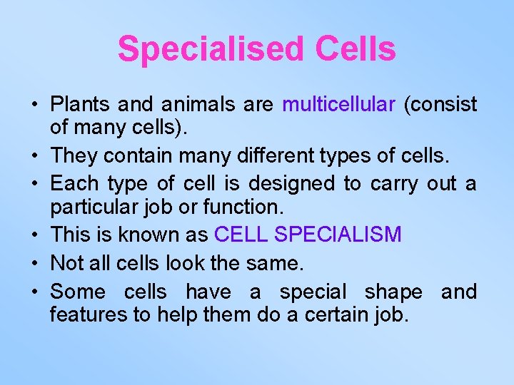 Specialised Cells • Plants and animals are multicellular (consist of many cells). • They