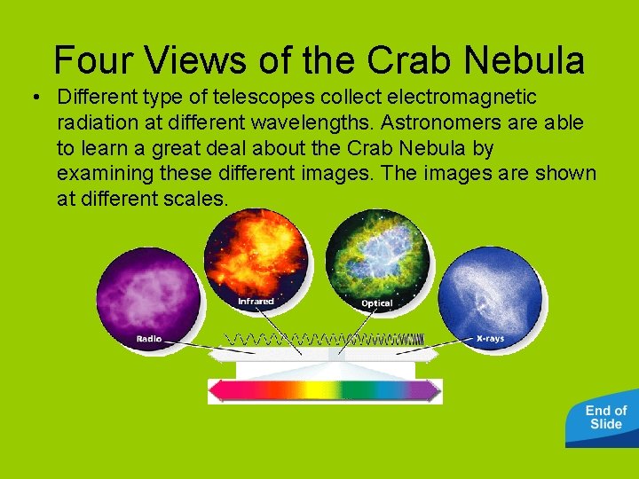 Four Views of the Crab Nebula • Different type of telescopes collect electromagnetic radiation