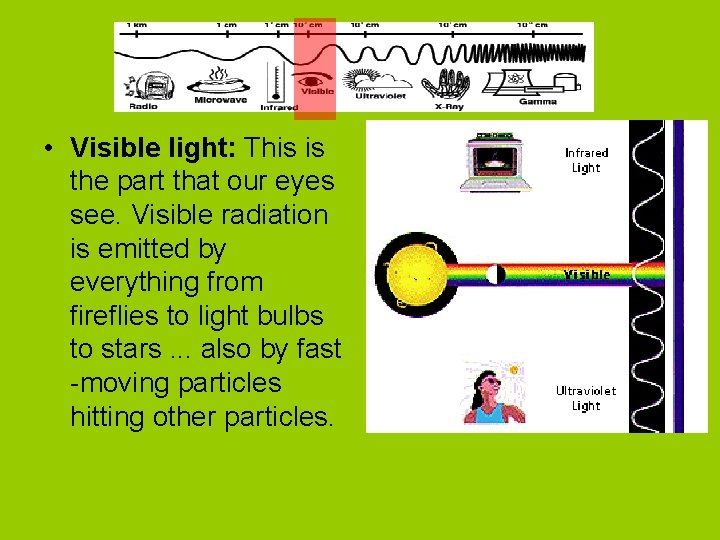  • Visible light: This is the part that our eyes see. Visible radiation