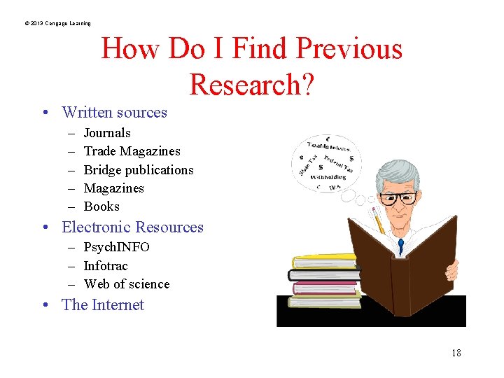 © 2013 Cengage Learning How Do I Find Previous Research? • Written sources –