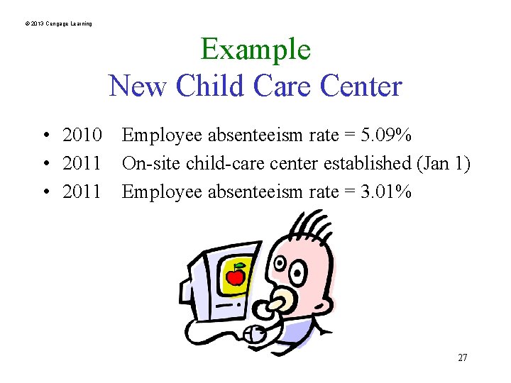 © 2013 Cengage Learning Example New Child Care Center • 2010 Employee absenteeism rate