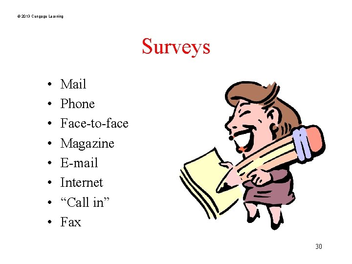 © 2013 Cengage Learning Surveys • • Mail Phone Face-to-face Magazine E-mail Internet “Call