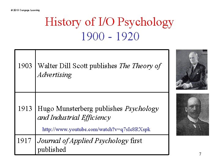 © 2013 Cengage Learning History of I/O Psychology 1900 - 1920 1903 Walter Dill