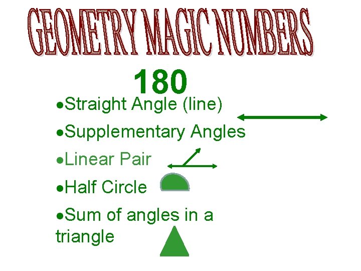 180 Straight Angle (line) Supplementary Angles Linear Pair Half Circle Sum of angles in