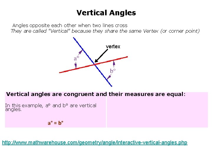 Vertical Angles opposite each other when two lines cross They are called "Vertical" because