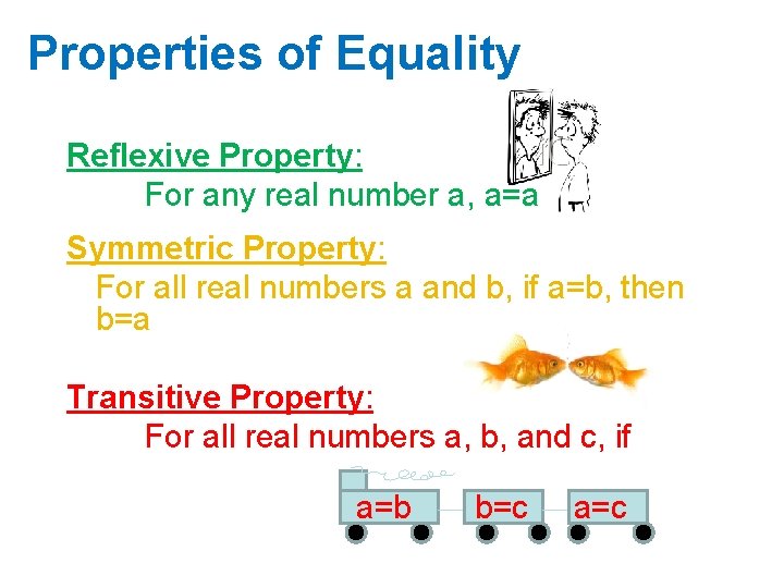 Properties of Equality Reflexive Property: For any real number a, a=a Symmetric Property: For