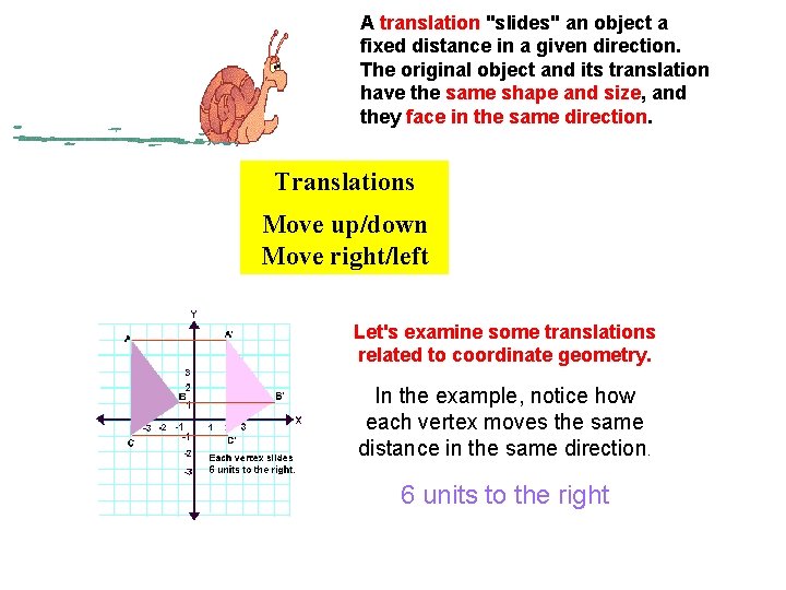 A translation "slides" an object a fixed distance in a given direction. The original