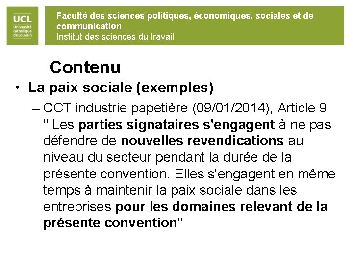 Faculté des sciences politiques, économiques, sociales et de communication Institut des sciences du travail