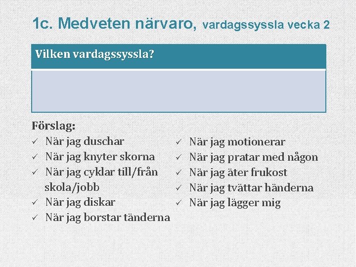 1 c. Medveten närvaro, vardagssyssla vecka 2 Vilken vardagssyssla? Förslag: ü När jag duschar