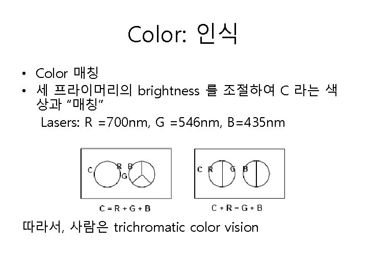 Color: 인식 • Color 매칭 • 세 프라이머리의 brightness 를 조절하여 C 라는 색