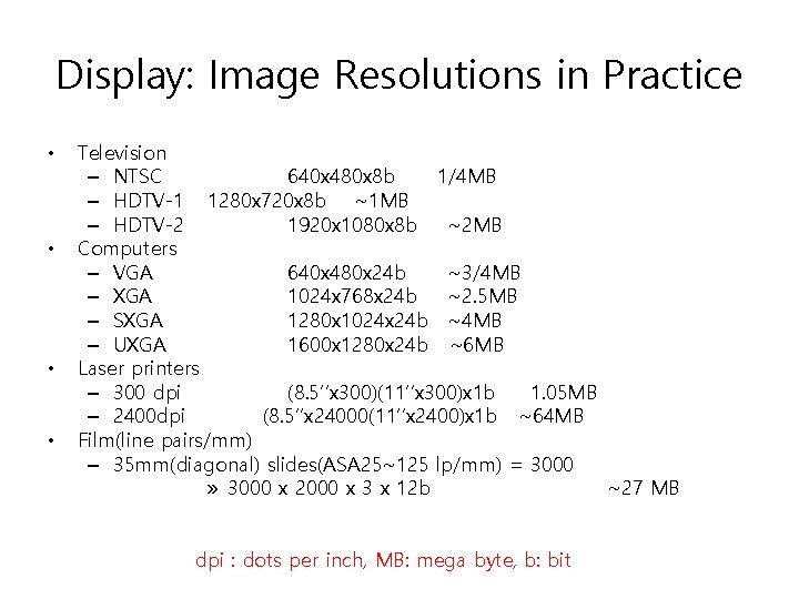 Display: Image Resolutions in Practice • • Television – NTSC 640 x 480 x