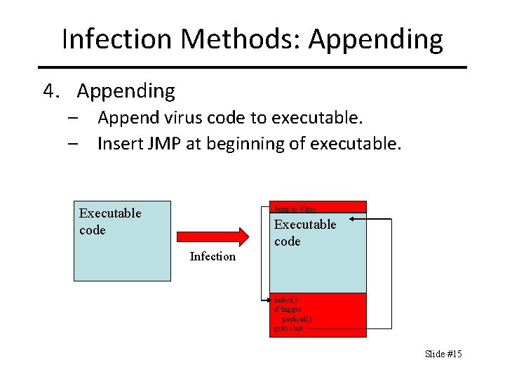 Infection Methods: Appending 4. Appending – Append virus code to executable. – Insert JMP