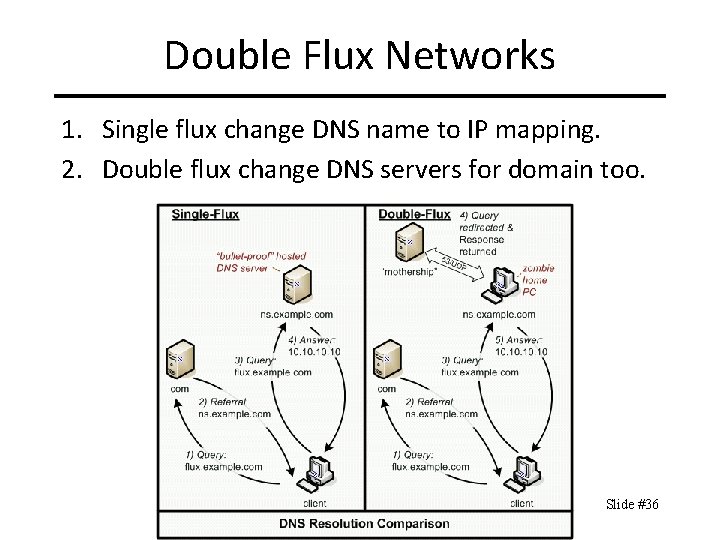 Double Flux Networks 1. Single flux change DNS name to IP mapping. 2. Double