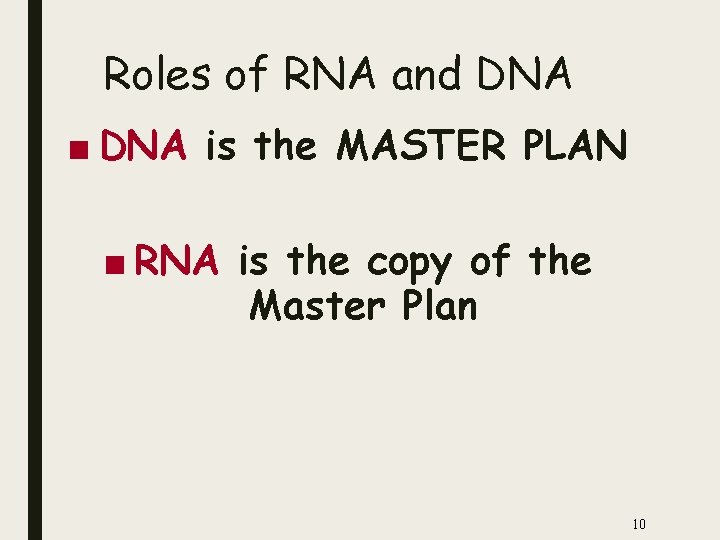 Roles of RNA and DNA ■ DNA is the MASTER PLAN ■ RNA is