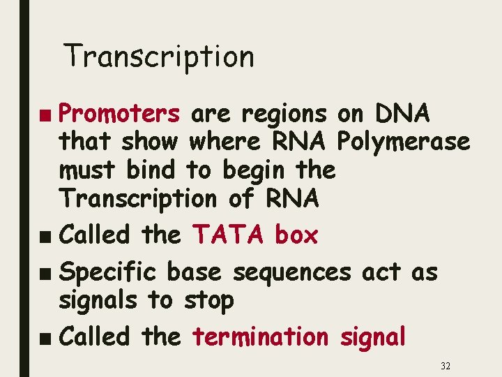 Transcription ■ Promoters are regions on DNA that show where RNA Polymerase must bind