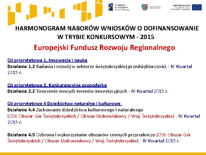 HARMONOGRAM NABORÓW WNIOSKÓW O DOFINANSOWANIE W TRYBIE KONKURSOWYM - 2015 Europejski Fundusz Rozwoju Regionalnego