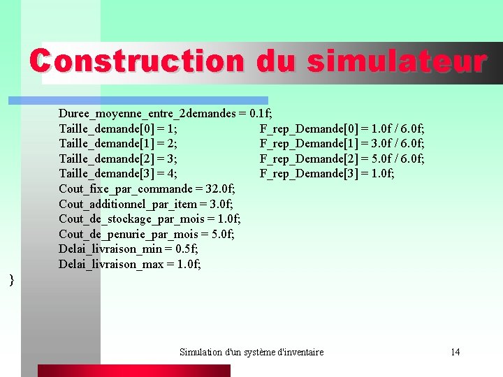 Construction du simulateur Duree_moyenne_entre_2 demandes = 0. 1 f; Taille_demande[0] = 1; F_rep_Demande[0] =