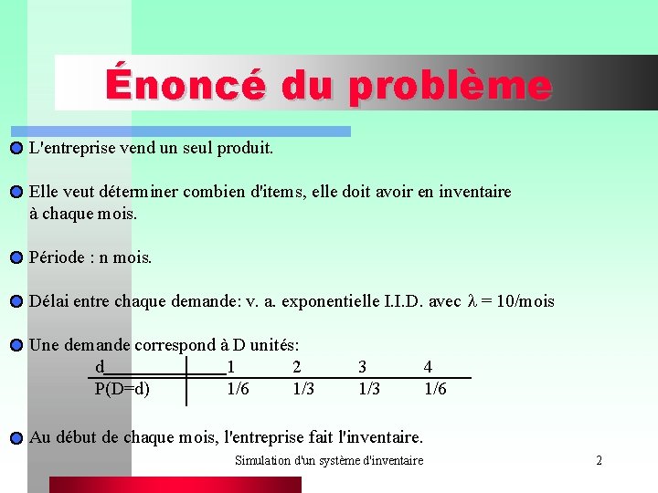 Énoncé du problème L'entreprise vend un seul produit. Elle veut déterminer combien d'items, elle