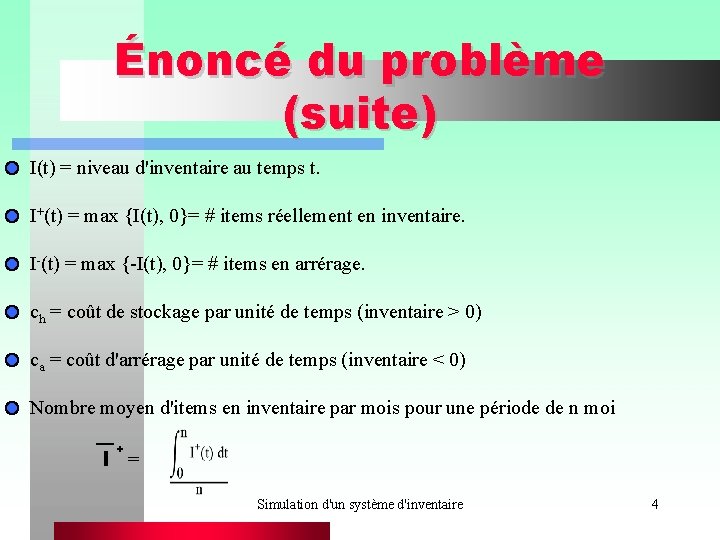 Énoncé du problème (suite) I(t) = niveau d'inventaire au temps t. I+(t) = max