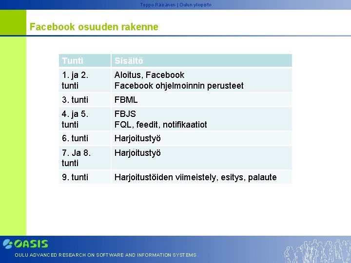 Teppo Räisänen | Oulun yliopisto Facebook osuuden rakenne Tunti Sisältö 1. ja 2. tunti