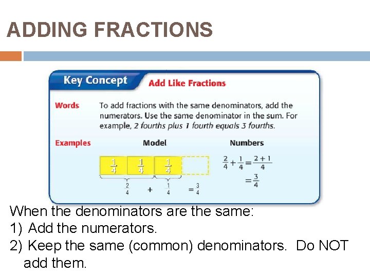 ADDING FRACTIONS When the denominators are the same: 1) Add the numerators. 2) Keep