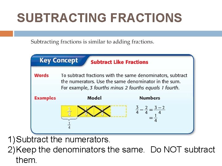 SUBTRACTING FRACTIONS 1) Subtract the numerators. 2) Keep the denominators the same. Do NOT