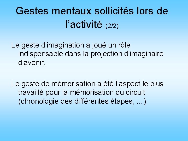 Gestes mentaux sollicités lors de l’activité (2/2) Le geste d'imagination a joué un rôle