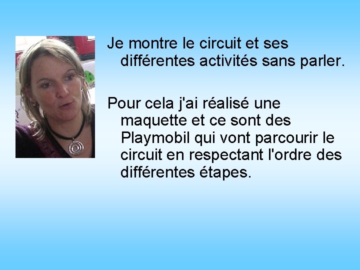 Je montre le circuit et ses différentes activités sans parler. Pour cela j'ai réalisé