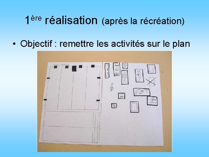 1ère réalisation (après la récréation) • Objectif : remettre les activités sur le plan