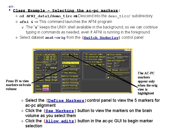 -67 - • Class Example - Selecting the ac-pc markers: cd AFNI_data 1/demo_tlrc Descend