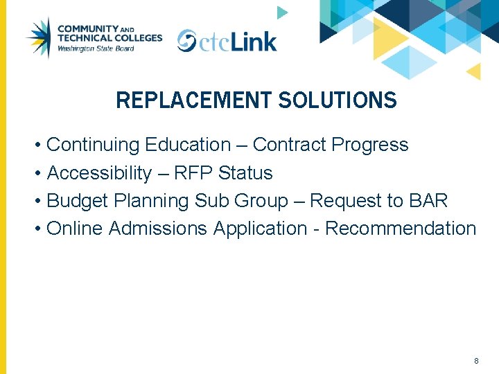 REPLACEMENT SOLUTIONS • Continuing Education – Contract Progress • Accessibility – RFP Status •