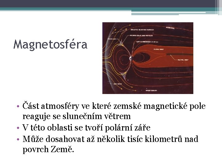 Magnetosféra • Část atmosféry ve které zemské magnetické pole reaguje se slunečním větrem •