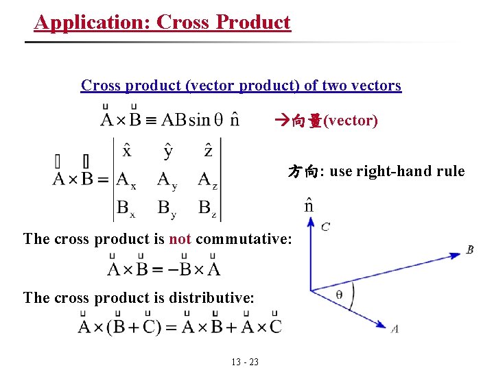 Application: Cross Product Cross product (vector product) of two vectors 向量(vector) 方向: use right-hand