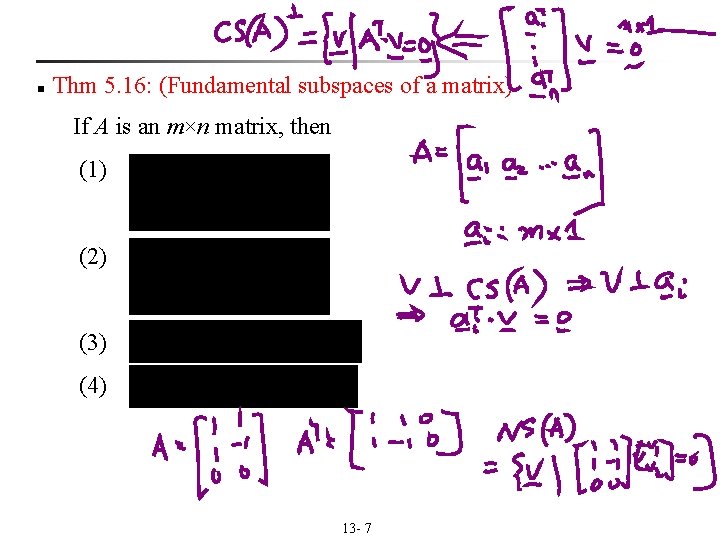 n Thm 5. 16: (Fundamental subspaces of a matrix) If A is an m×n