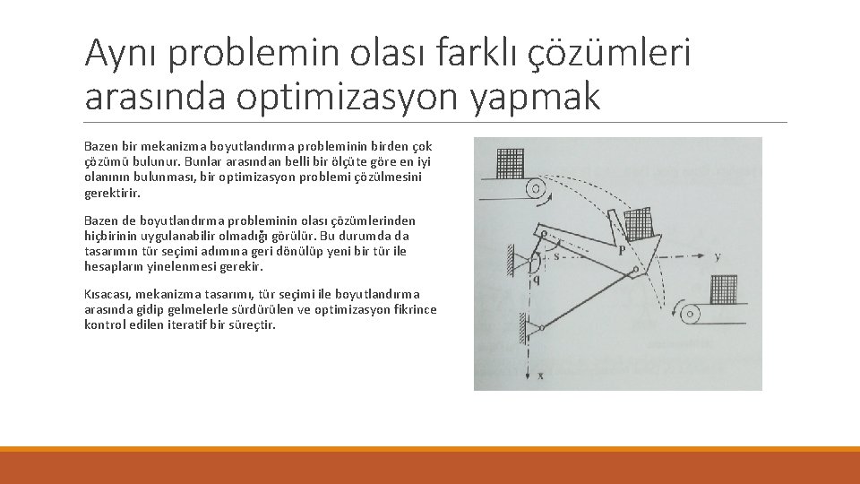 Aynı problemin olası farklı çözümleri arasında optimizasyon yapmak Bazen bir mekanizma boyutlandırma probleminin birden