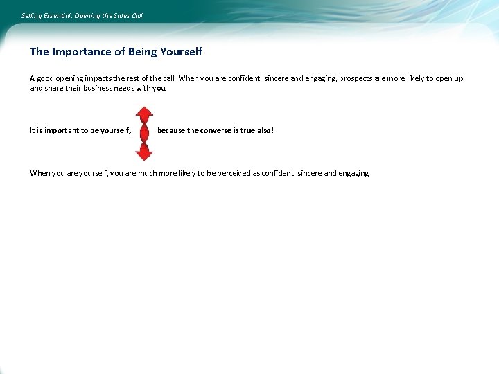 Selling Essential: Opening the Sales Call The Importance of Being Yourself A good opening