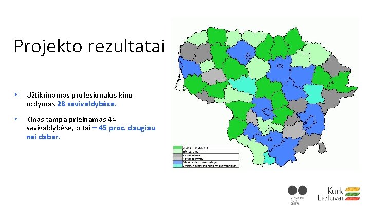 Projekto rezultatai • Užtikrinamas profesionalus kino rodymas 28 savivaldybėse. • Kinas tampa prieinamas 44