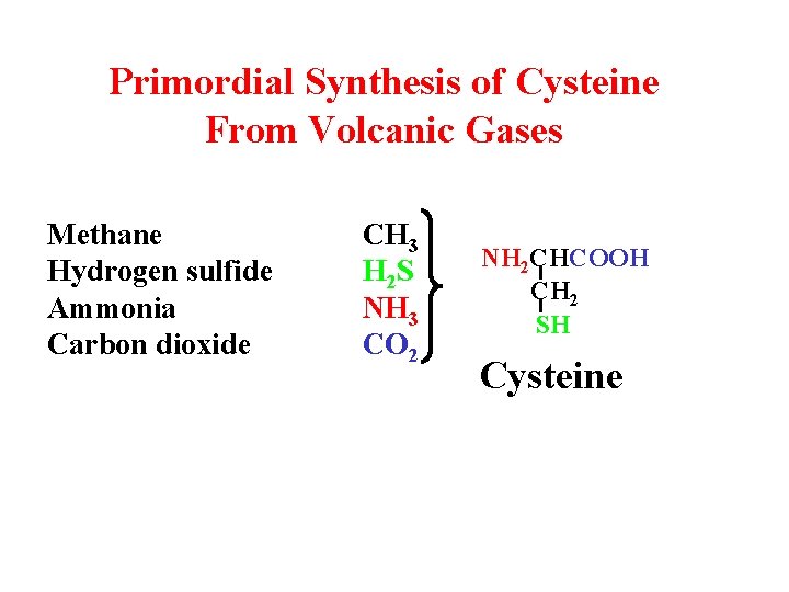 Primordial Synthesis of Cysteine From Volcanic Gases Methane Hydrogen sulfide Ammonia Carbon dioxide CH