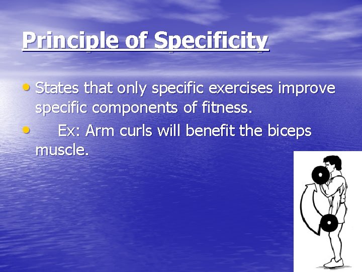 Principle of Specificity • States that only specific exercises improve specific components of fitness.