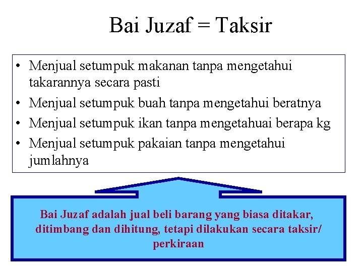 Bai Juzaf = Taksir • Menjual setumpuk makanan tanpa mengetahui takarannya secara pasti •