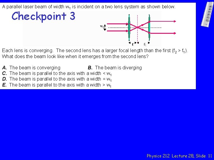 A parallel laser beam of width w 1 is incident on a two lens