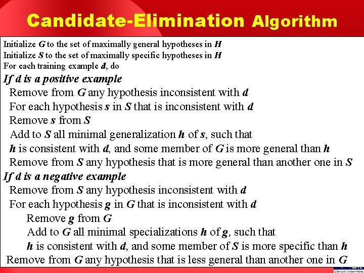 Candidate-Elimination Algorithm Initialize G to the set of maximally general hypotheses in H Initialize