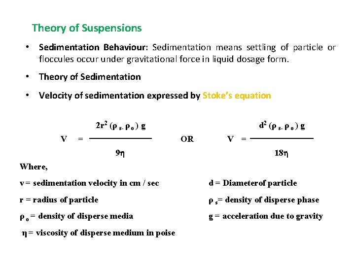 Theory of Suspensions • Sedimentation Behaviour: Sedimentation means settling of particle or floccules occur